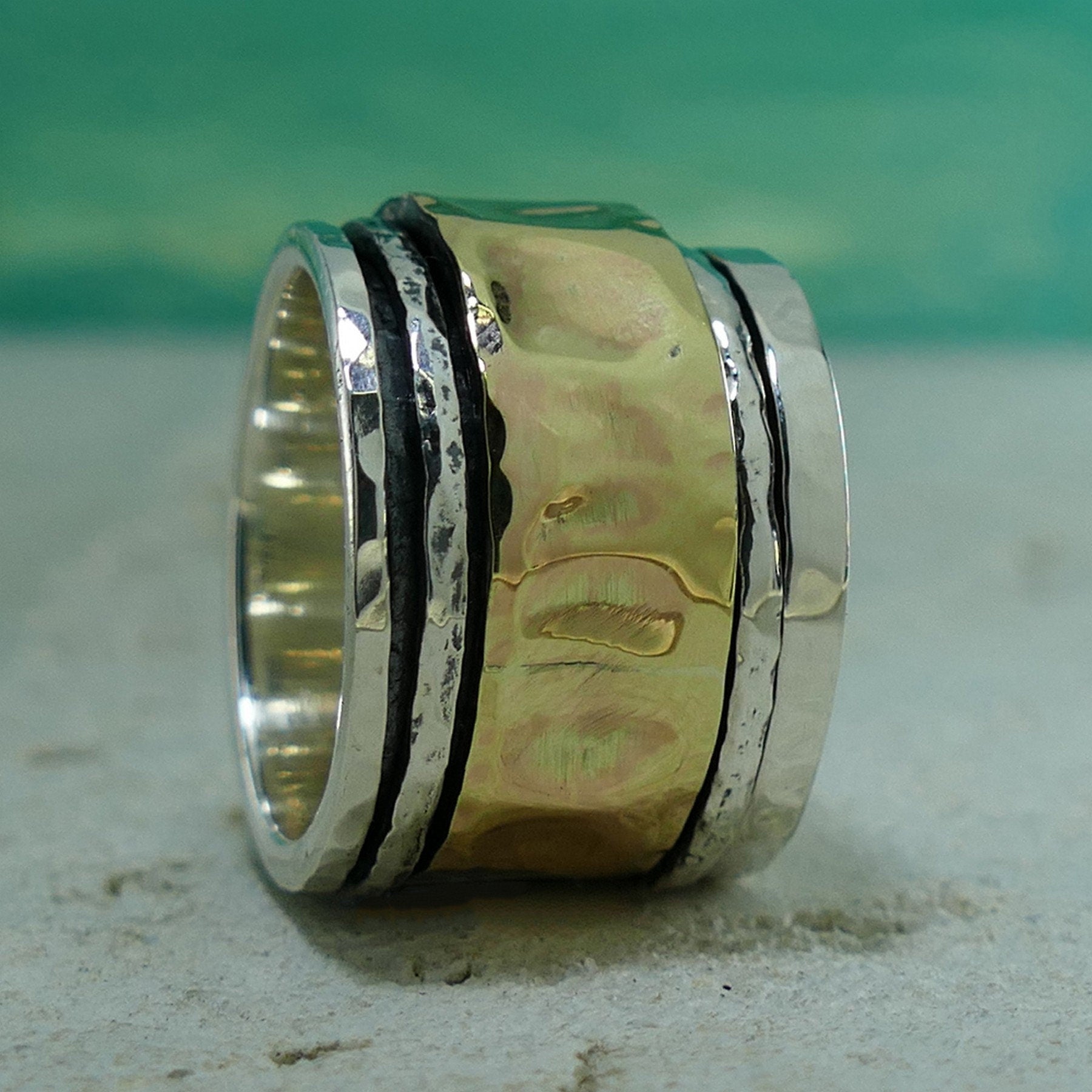 SPIRA Handcrafted Unique Design Two Tone Solid 9k Yellow Gold &amp; 925 Sterling Silver Spinner Ring, Gypsy ring, Bohemian ring, Hippie ring