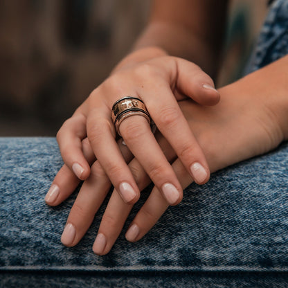 Handmade wide Mixed metal spinner ring 925 Sterling Silver and Solid 9 karat Yellow and Rose Gold