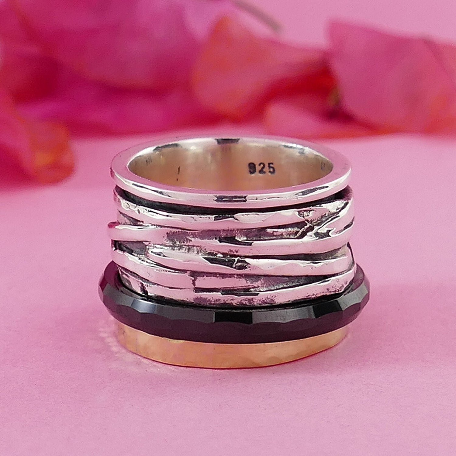 Handmade Black Ceramic wide Spinner Ring Two Tone Ring Solid 9 karat Yellow Gold and 925 Sterling Silver