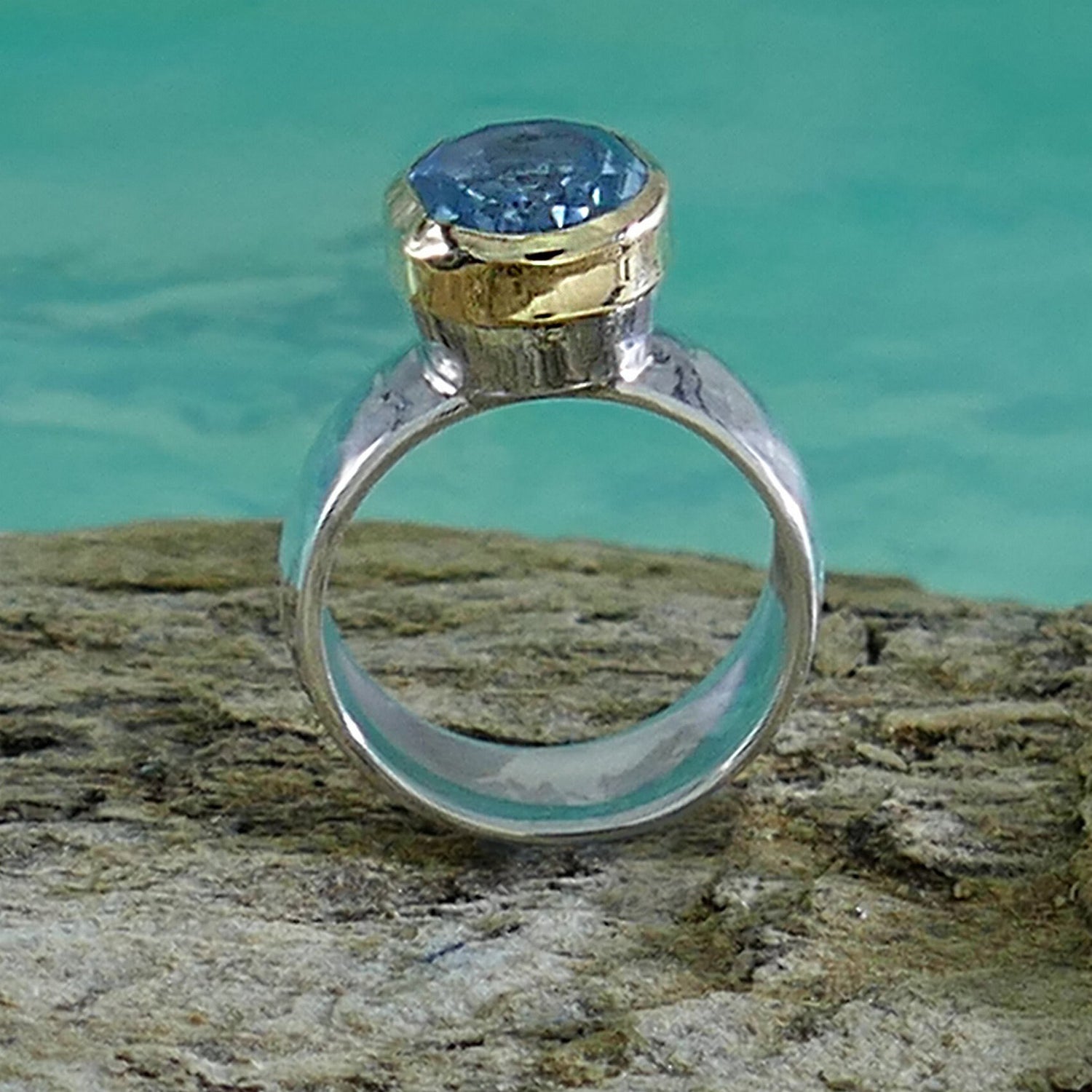 Ocean Dream: Handcrafted Blue Topaz Ring in Silver and Gold, Statement ring