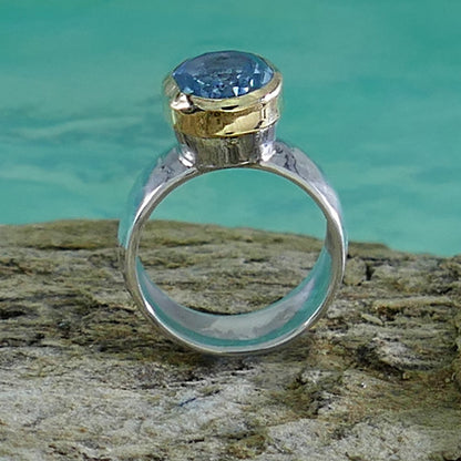 Ocean Dream: Handcrafted Blue Topaz Ring in Silver and Gold, Statement ring