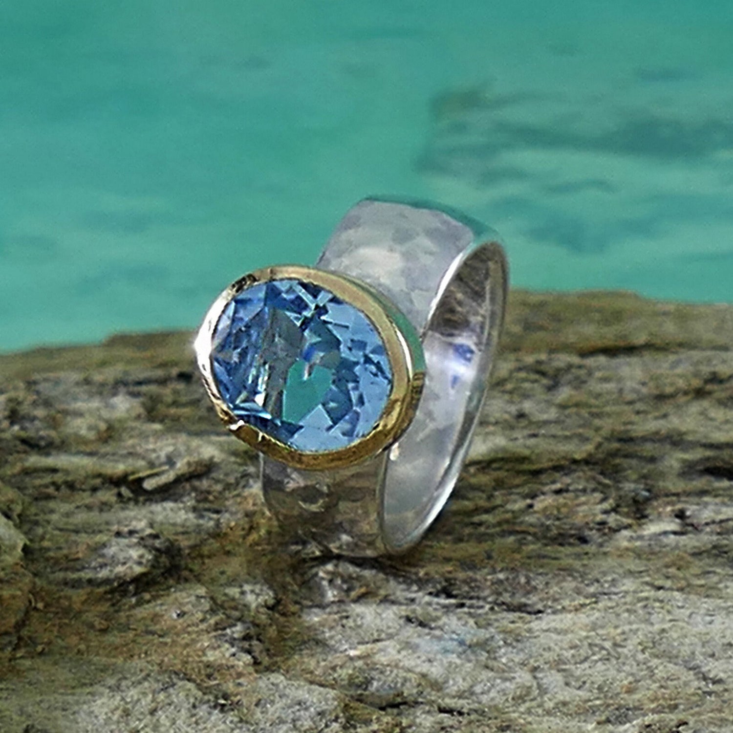 Ocean Dream: Handcrafted Blue Topaz Ring in Silver and Gold, Statement ring