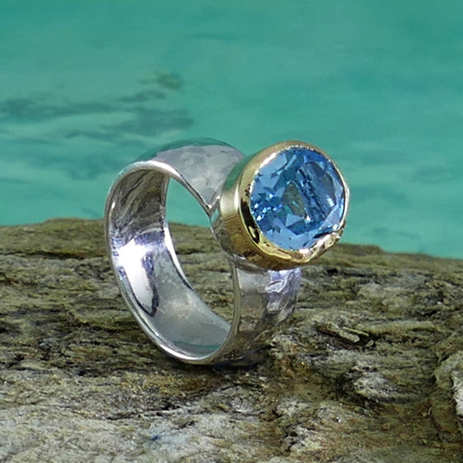 Ocean Dream: Handcrafted Blue Topaz Ring in Silver and Gold, Statement ring