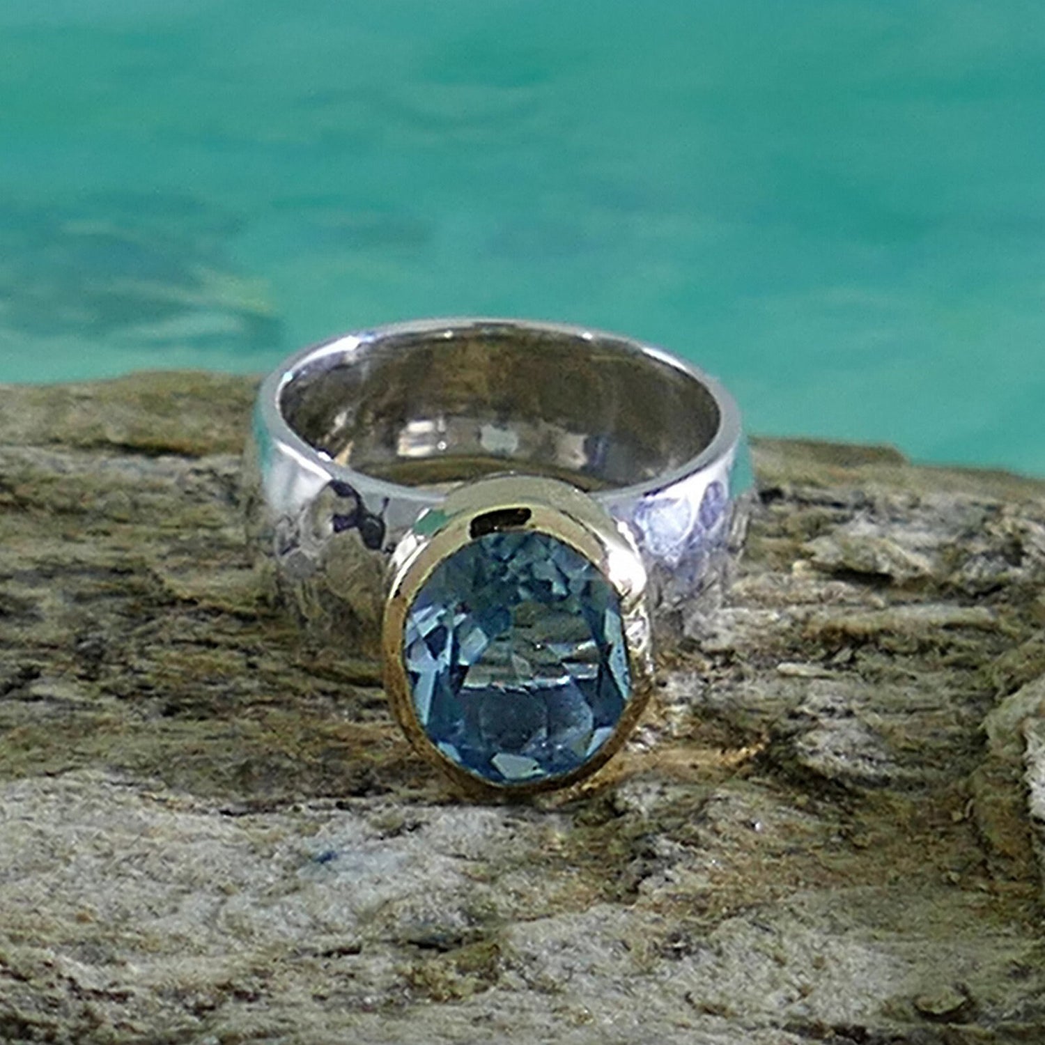 Ocean Dream: Handcrafted Blue Topaz Ring in Silver and Gold, Statement ring