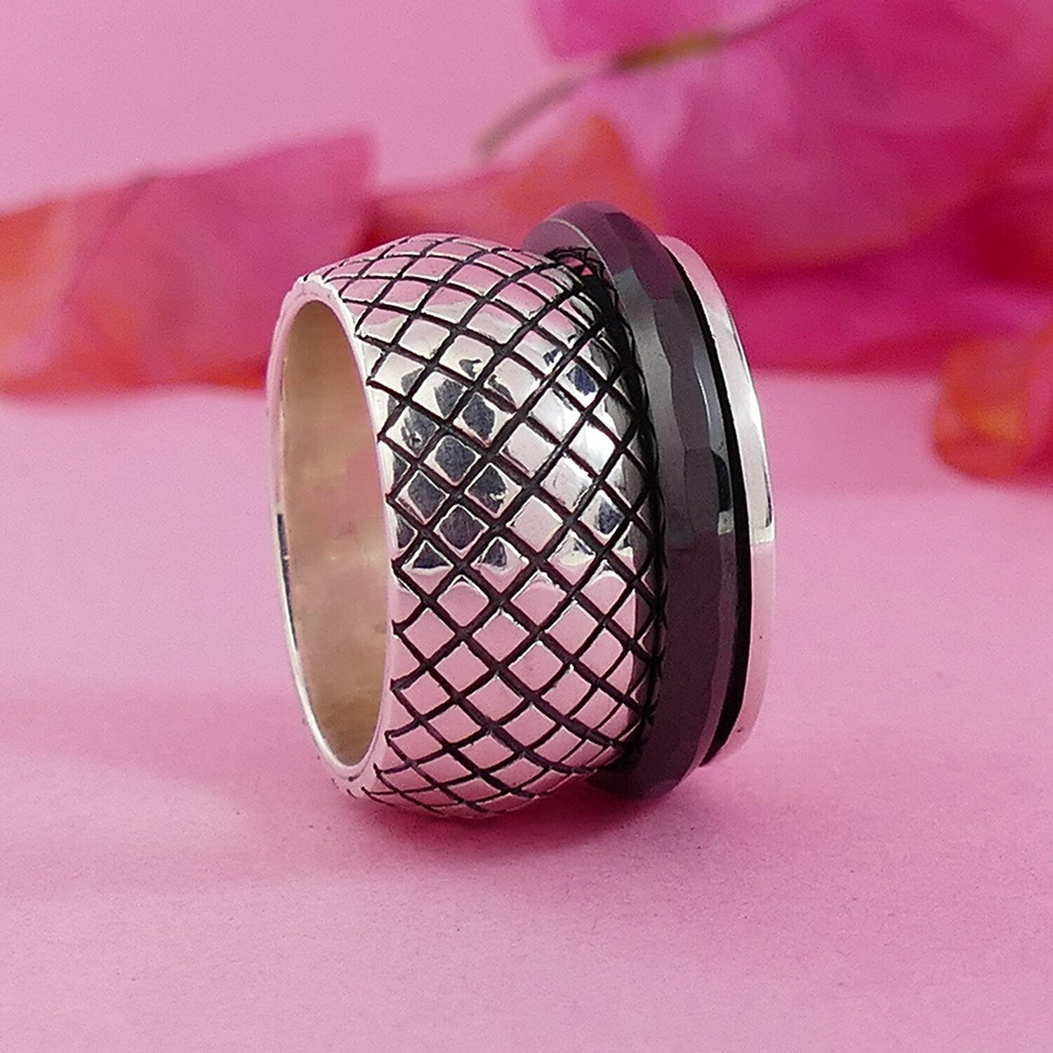 Black Ceramic 925 Sterling Silver Large Spinner Ring Bohemian ring