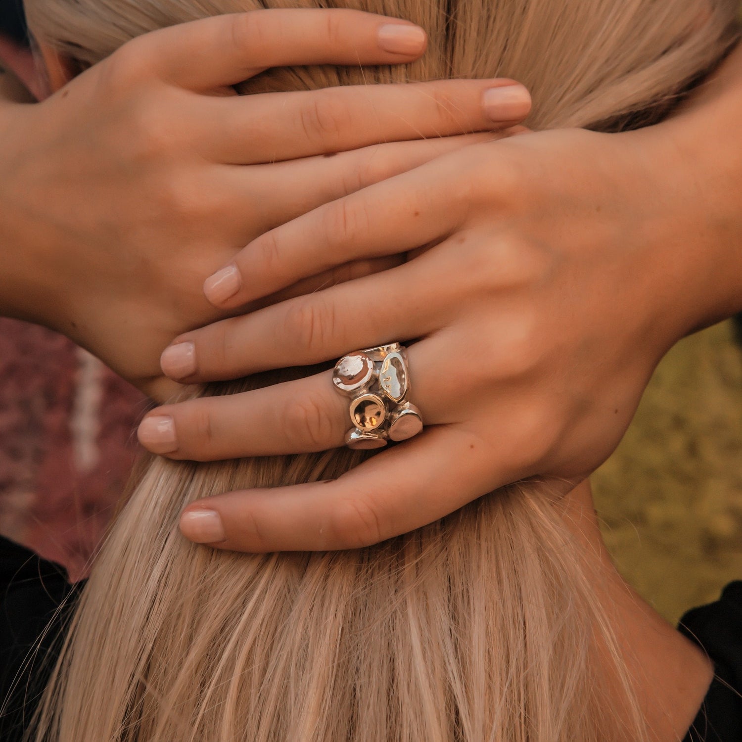 SPIRA Handcrafted Contemporary Design Two Tone Solid 9k Yellow &amp; Rose Gold And 925 Sterling Silver Statement Ring, Bohemian ring, Boho ring