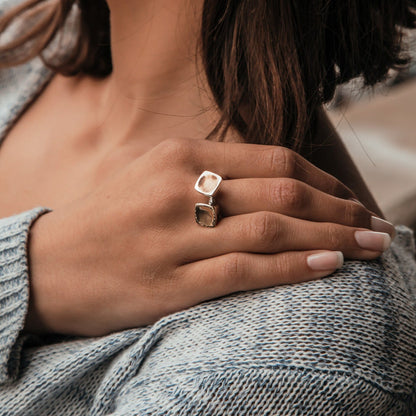 Mixed metal statment Ring Two Tone Solid 9k Yellow and Rose Gold and 925 Sterling Silver