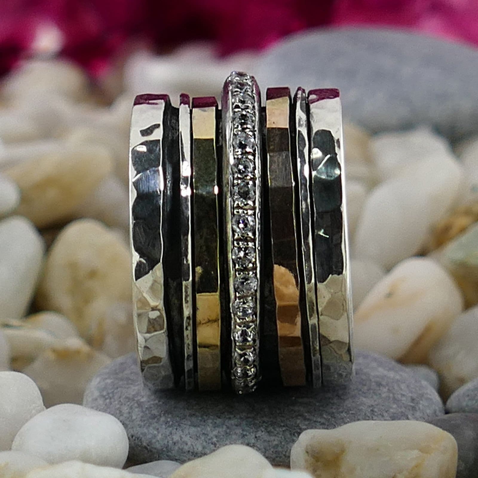 Unique Mixed Metal Spinner Ring Cubic Zirconia Stone Two Tone Solid 9k Yellow and Rose Gold 925 Sterling Silver Set Setting, Bohemian ring