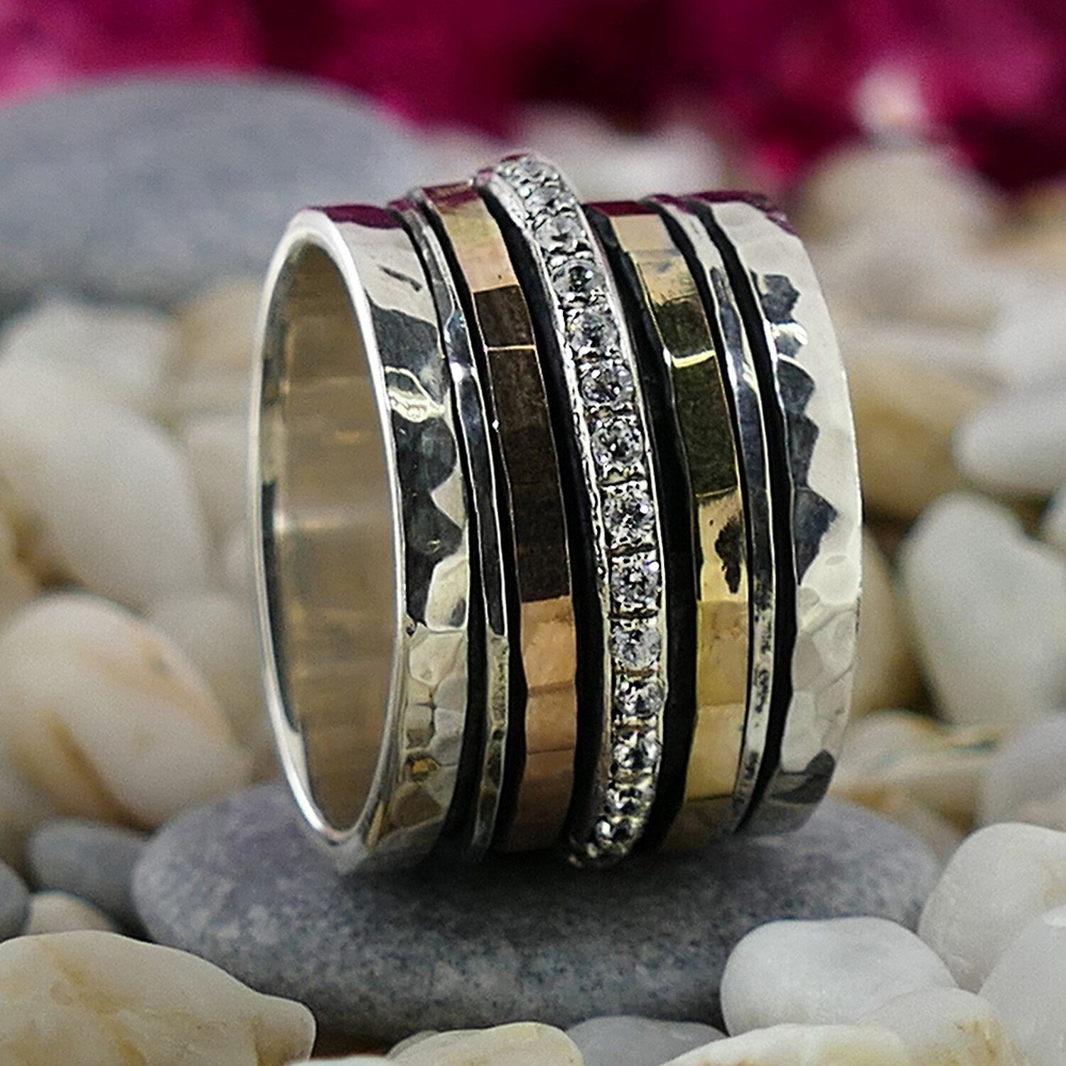 Unique Mixed Metal Spinner Ring Cubic Zirconia Stone Two Tone Solid 9k Yellow and Rose Gold 925 Sterling Silver Set Setting, Bohemian ring