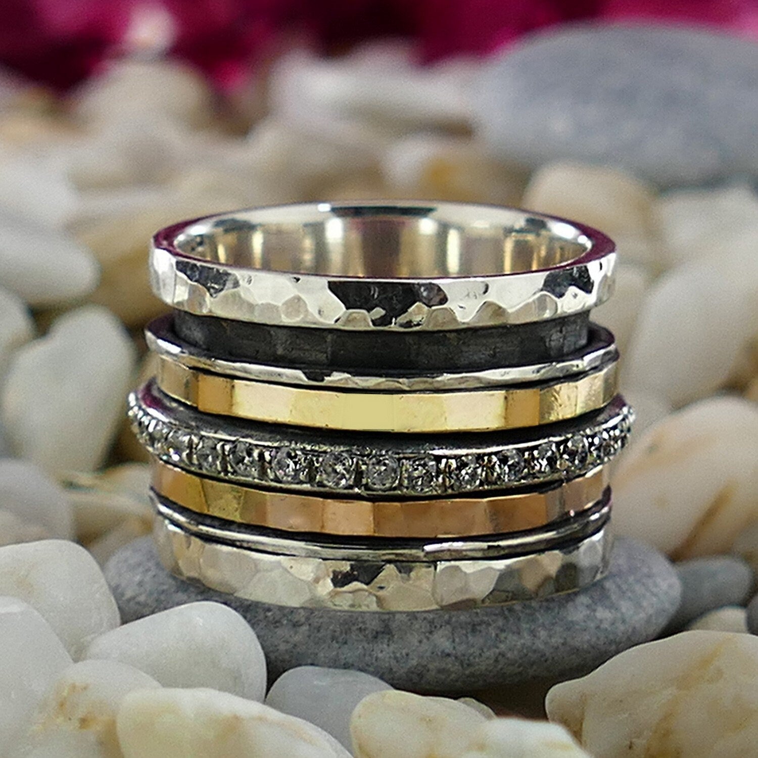 Unique Mixed Metal Spinner Ring Cubic Zirconia Stone Two Tone Solid 9k Yellow and Rose Gold 925 Sterling Silver Set Setting, Bohemian ring