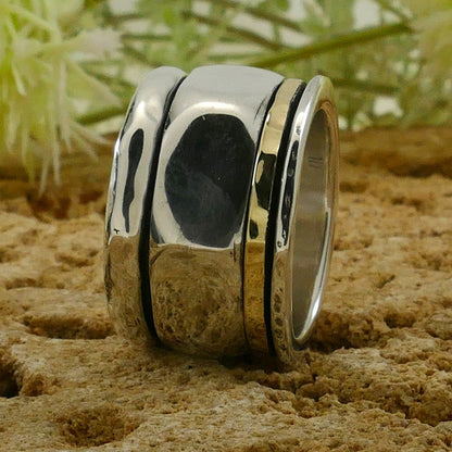 SPIRA Handcrafted Contemporary Design Two Tone Solid 9k Yellow Gold&amp;925 Sterling Silver Spinner Ring,Unisex ring,Oxidized Silver Fidget ring