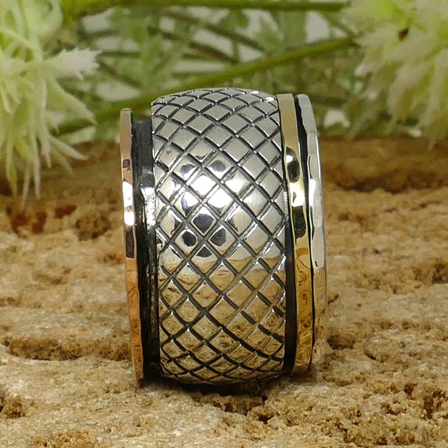 Handmade Large Two Tone Spinner Ring Solid 9 Karat Yellow and Rose Gold And 925 Sterling Silver