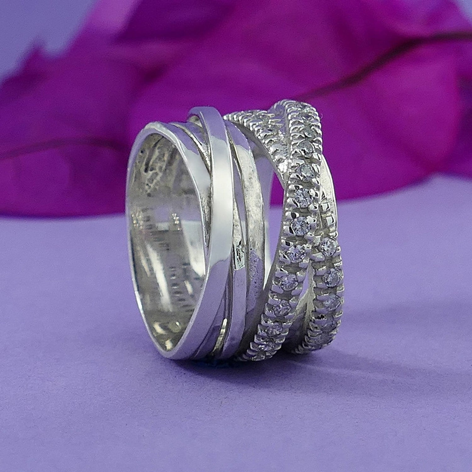 Handmade 925 Sterling Silver Cubic Zirconia Wrap Statment Ring