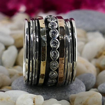 Mixed Metal Spinner Ring Cubic Zirconia Stone Two Tone Solid 9k Yellow and Rose Gold 925 Sterling Silver Set Setting, Oxidized Fidget ring