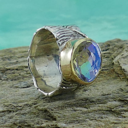 Mixed Metal statment Ring Solid 9 karat Yellow Gold and 925 Sterling Silver Rainbow Quartz