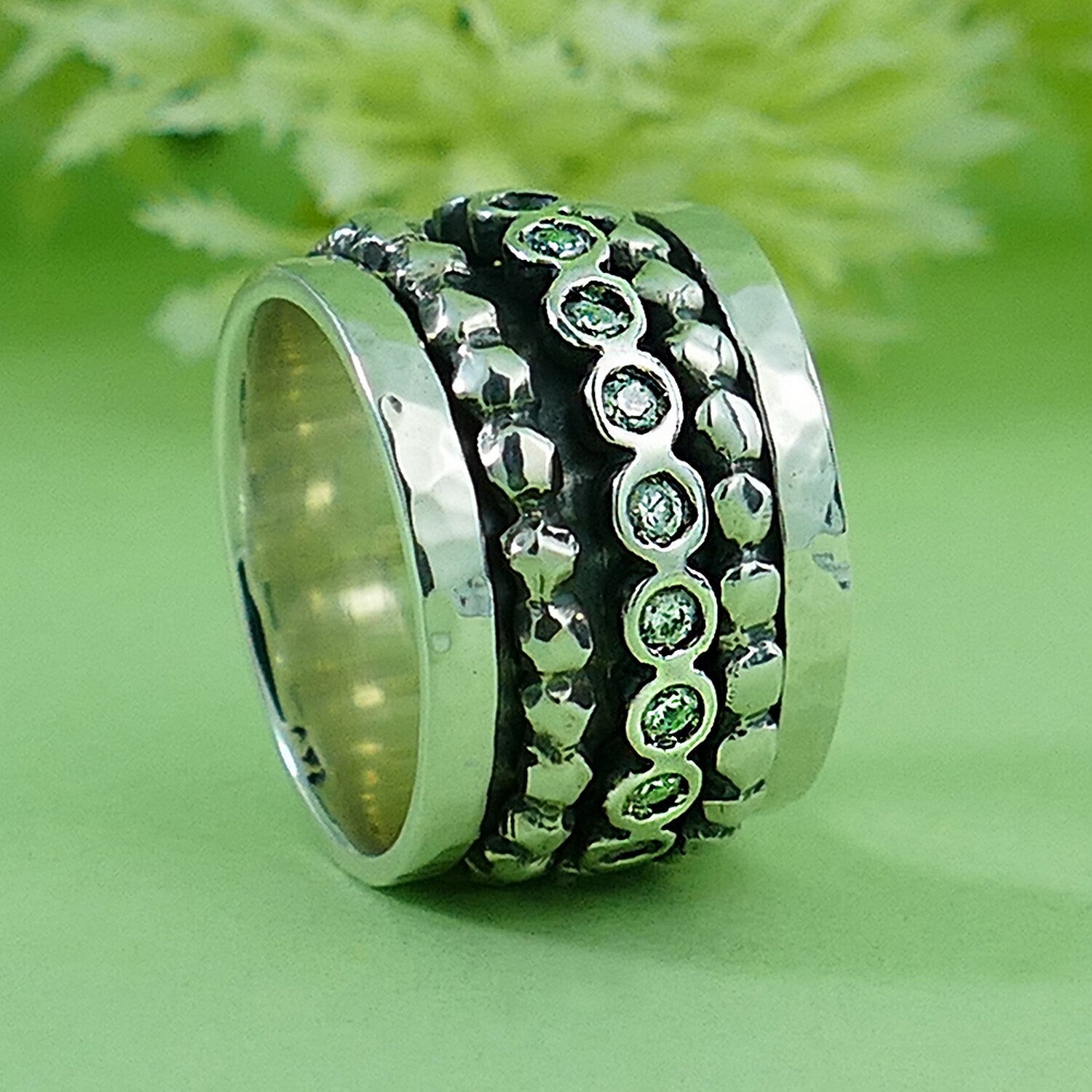 Unique handmade wide Spinner Ring Cubic Zirconia Stone 925 Sterling Silver