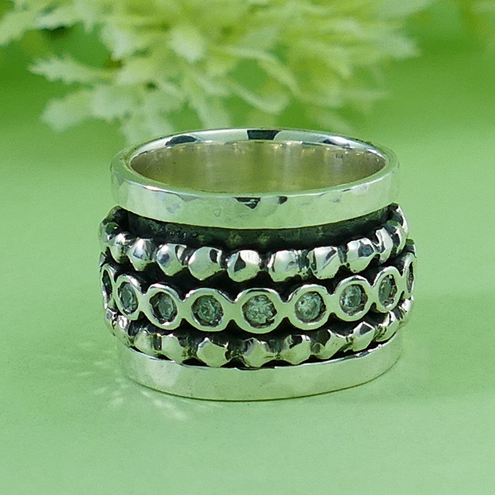 Unique handmade wide Spinner Ring Cubic Zirconia Stone 925 Sterling Silver