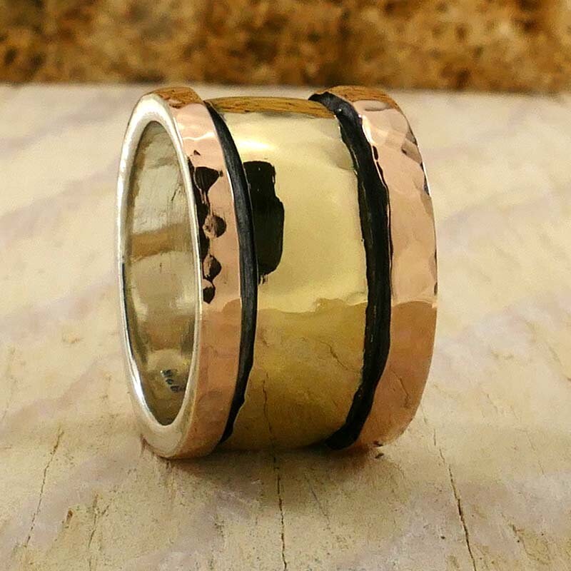 Handmade Mixed metal Spinner Ring Two Tone Solid 9 karat Yellow and Rose Gold And 925 Sterling Silver