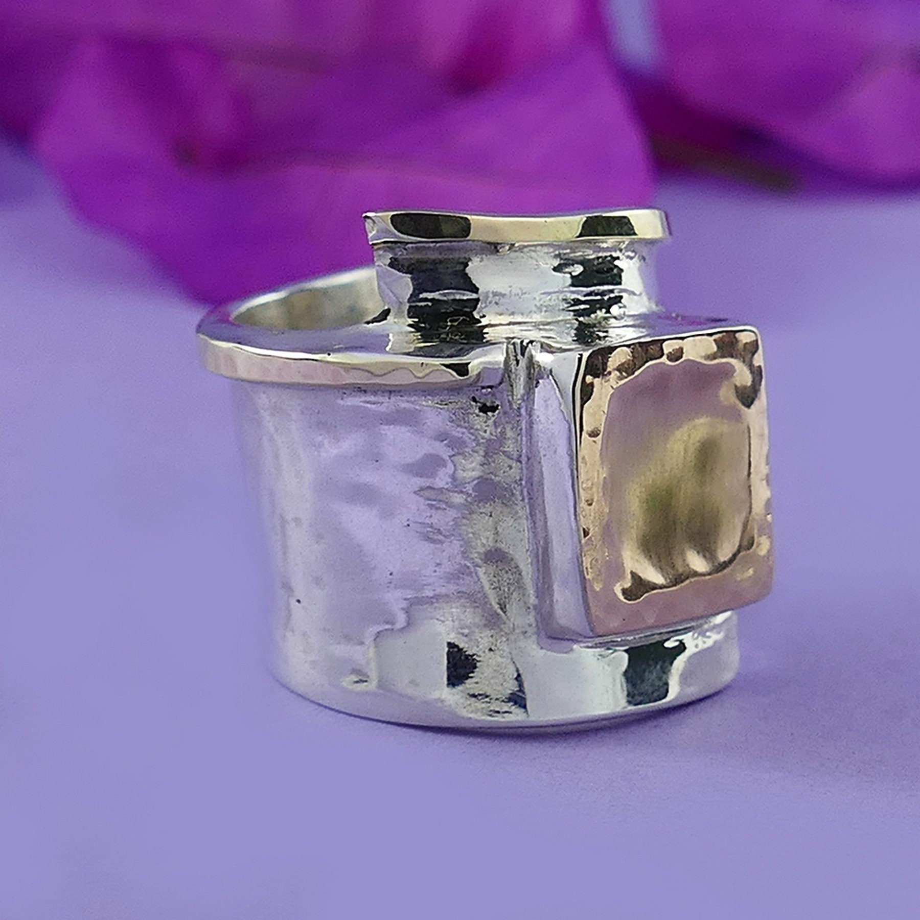 Bold Elegance: Handcrafted Tree Tones in Silver and Gold Unique Statement Ring