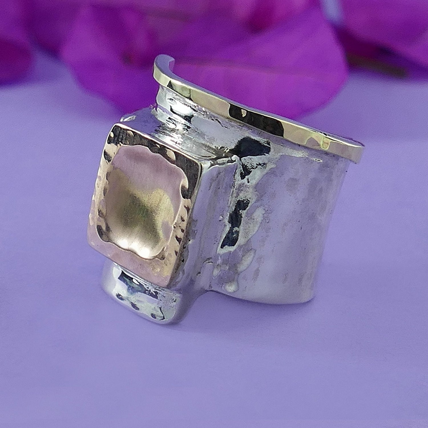 Bold Elegance: Handcrafted Tree Tones in Silver and Gold Unique Statement Ring