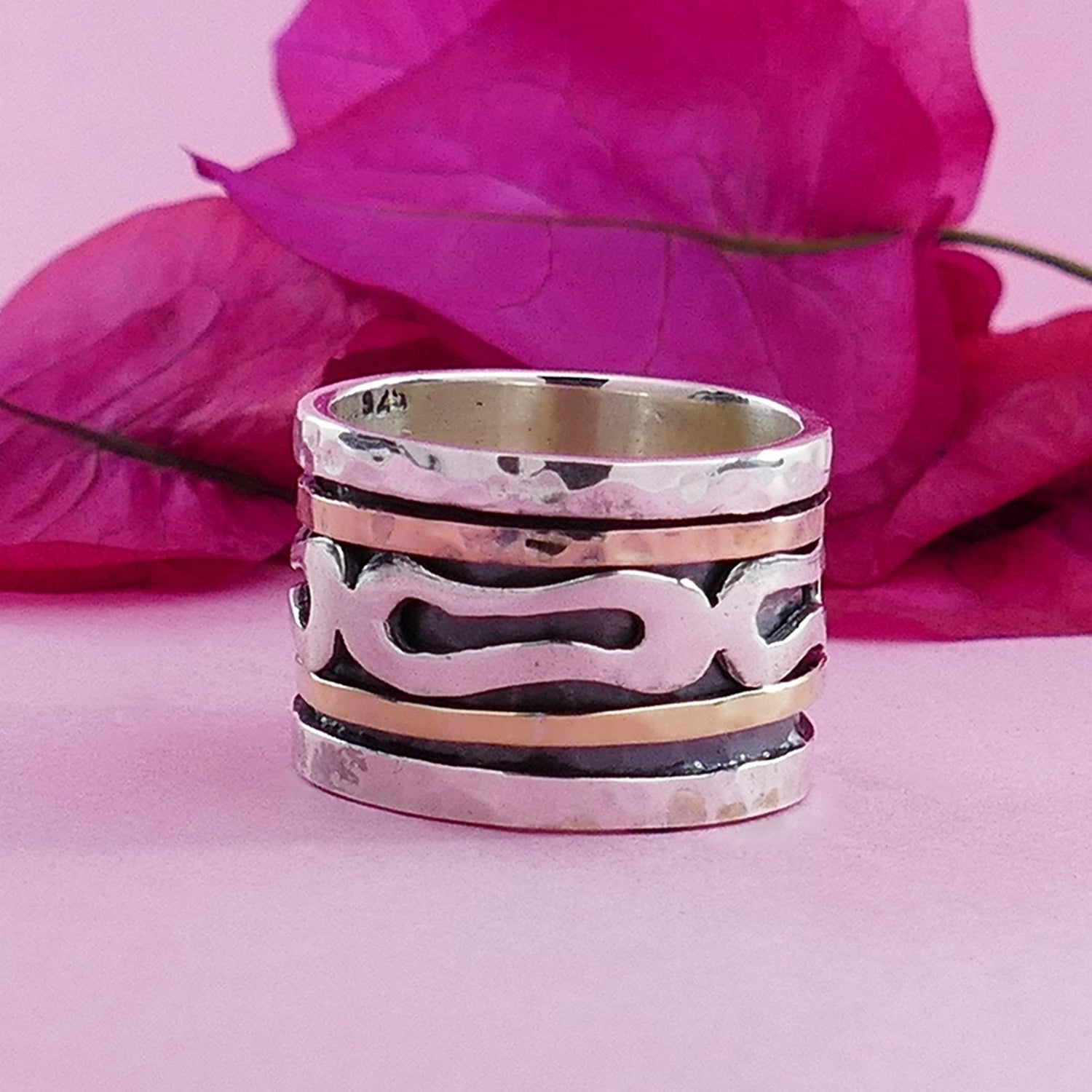 SPIRA Handcrafted Contemporary Design Two Tone Solid 9k Yellow &amp; Rose Gold And 925 Sterling Silver Spinner Ring, Oxidized Silver Fidget ring