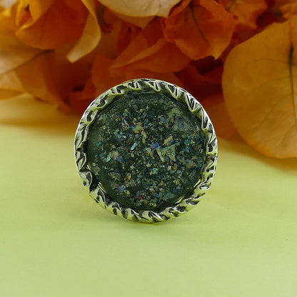 Handcrafted Large ancient Green Roman Glass 925 silver Adjustable Ring