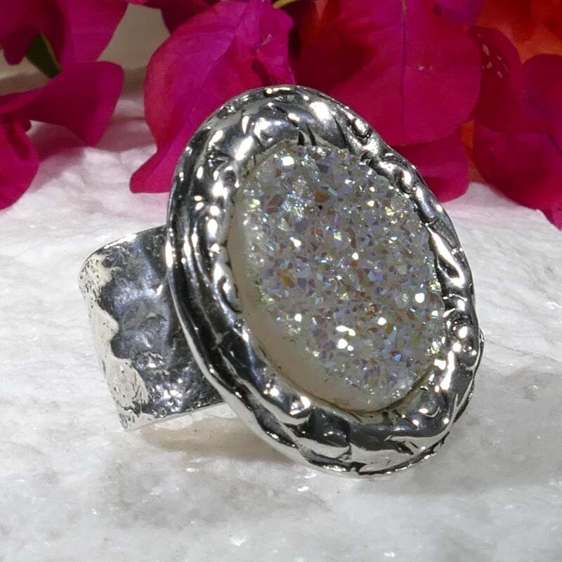 Unique White Agate Druzy Stone 925 Sterling Silver Adjustblr Statement Ring