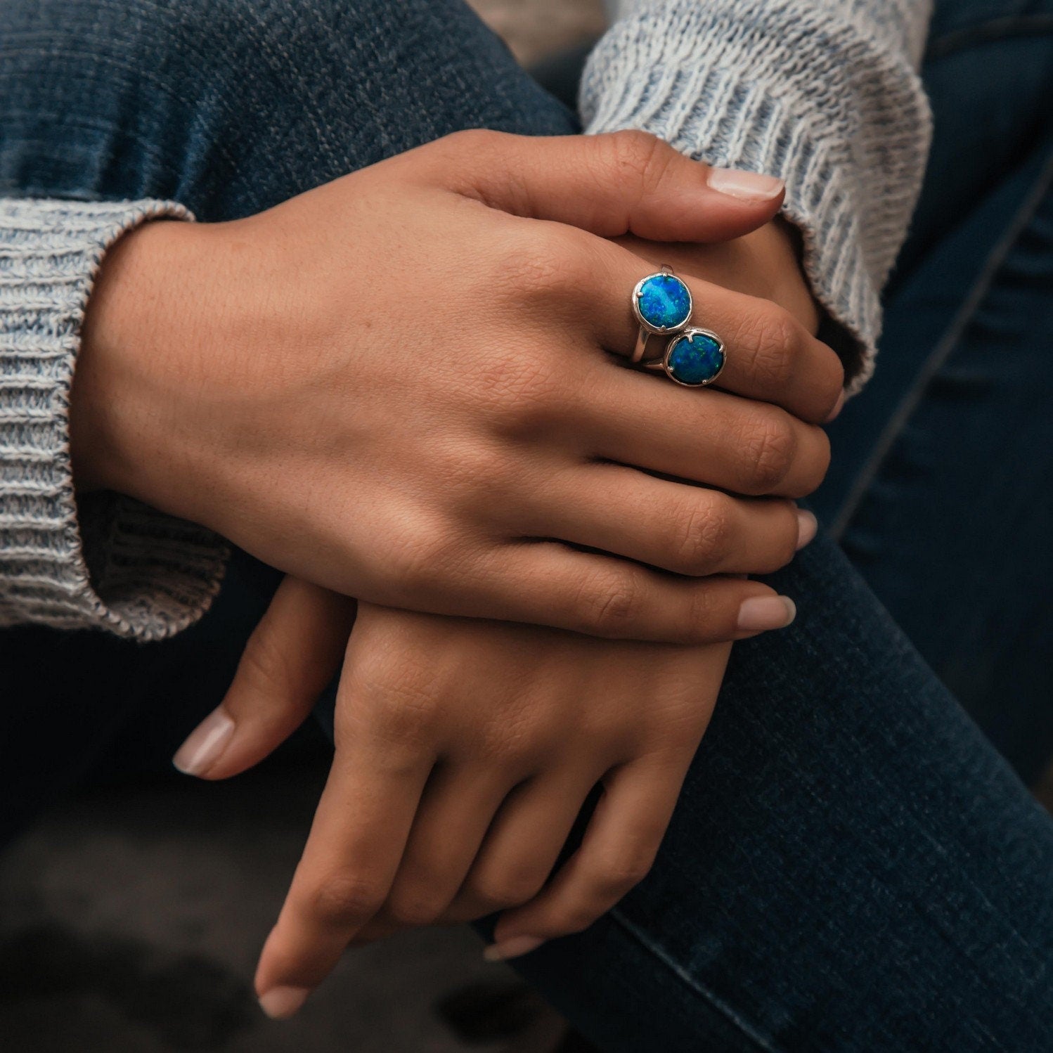 Handmade Blue Opal 925 Sterling Silver Statement Ring