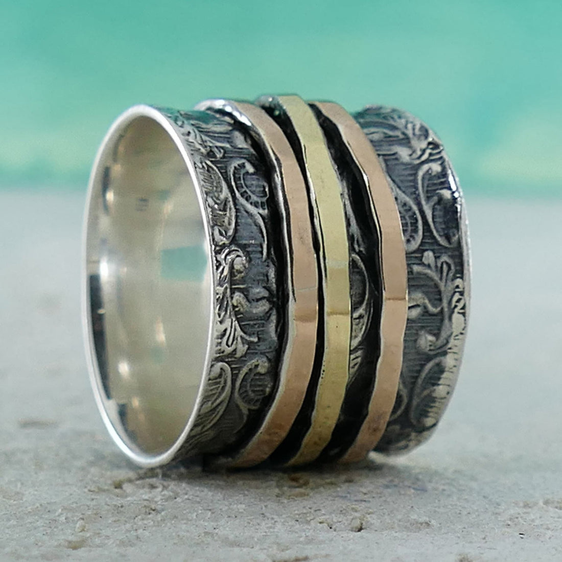 SPIRA Handcrafted Vintage Design Two Tone Solid 9k Yellow & Rose Gold And 925 Sterling Silver Spinner Ring, Two Tone Vintage Ring – 9k Gold & Silver Spinner