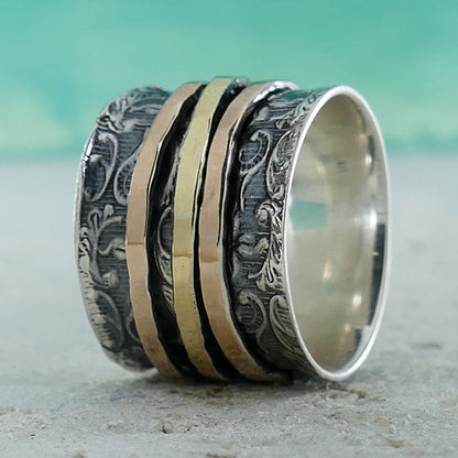 Gold Spinner Ring Vintage Design Two Tone Solid 9k Yellow and Rose Gold And 925 Sterling Silver Spinner Ring, Oxidized Silver Fidget ring