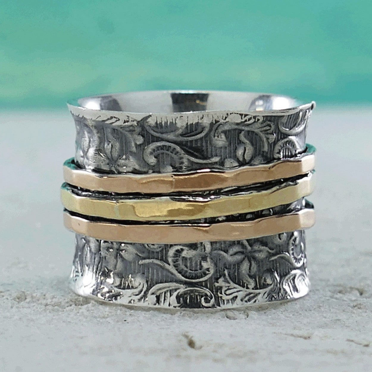 Gold Spinner Ring Vintage Design Two Tone Solid 9k Yellow and Rose Gold And 925 Sterling Silver Spinner Ring, Oxidized Silver Fidget ring