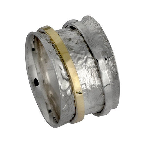 SPIRA Handcrafted Contemporary Design Two Tone Solid 9k Yellow Gold And 925 Sterling Silver Spinner Ring,Mixed metal ring,Unique unisex ring