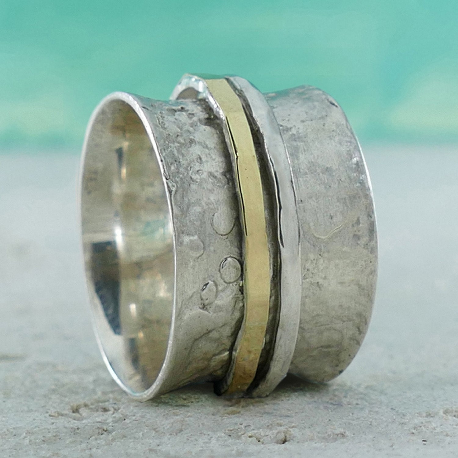 SPIRA Handcrafted Contemporary Design Two Tone Solid 9k Yellow Gold And 925 Sterling Silver Spinner Ring,Mixed metal ring,Unique unisex ring