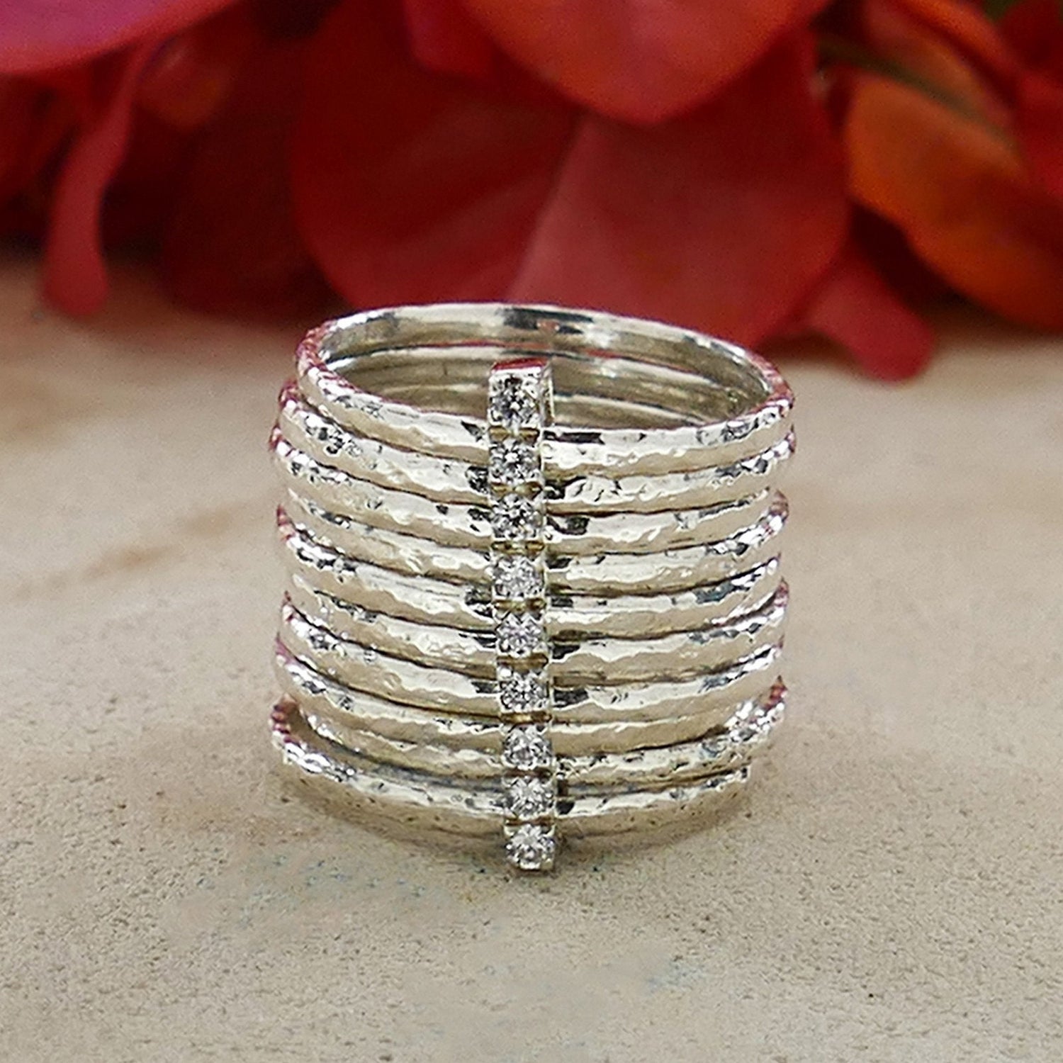 Unique 925 Sterling Silver Hammered Stackable Ring 0.72 Carat White Cubic Zirconia Stone Set Setting, Large ring,Gypsy ring,Bohemian ring