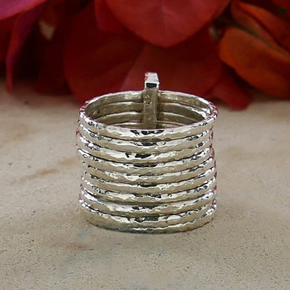 Unique 925 Sterling Silver Hammered Stackable Ring 0.72 Carat White Cubic Zirconia Stone Set Setting, Large ring,Gypsy ring,Bohemian ring