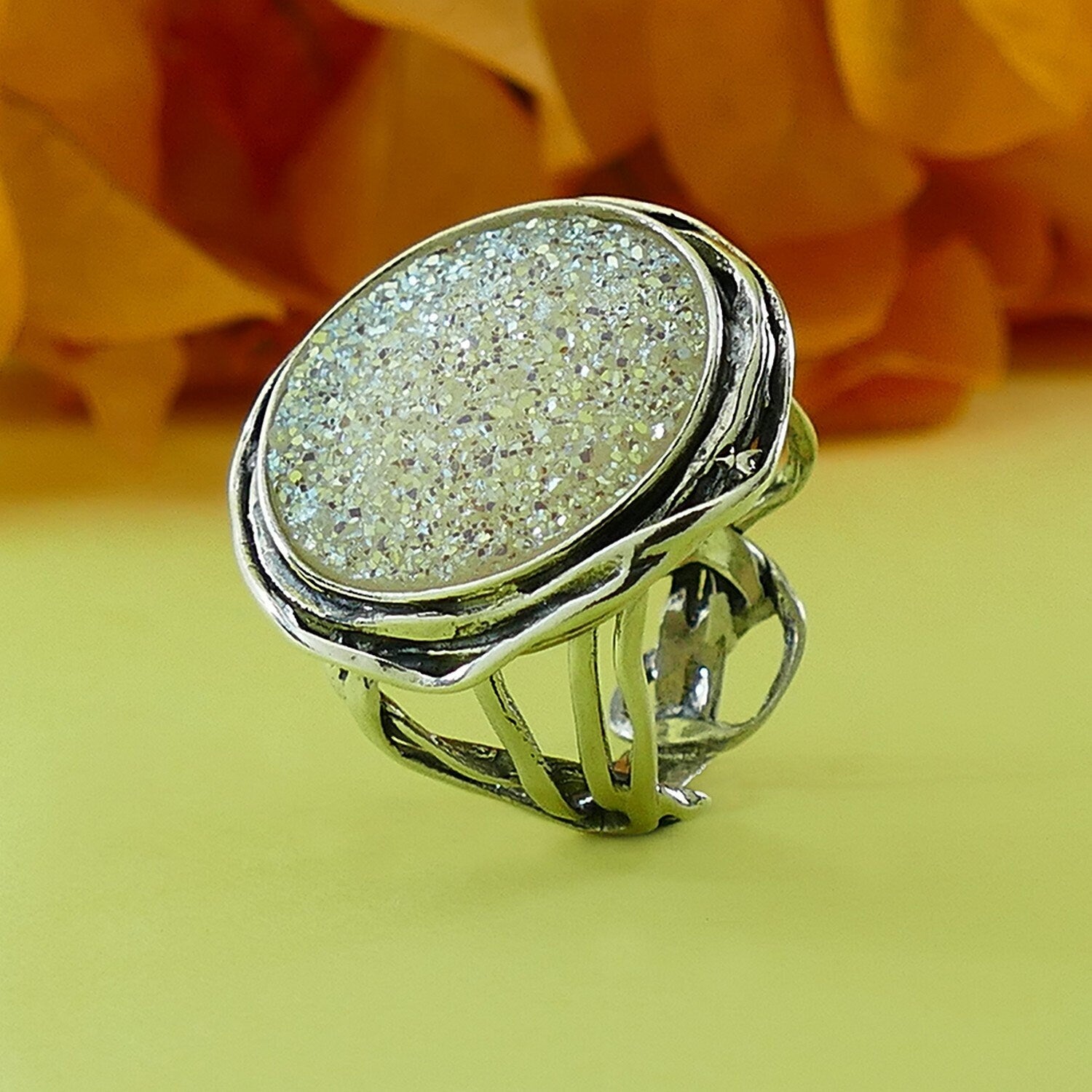 Natural crystal quartz solid 925 11 Carat White Agate Druzy Stone 925 Sterling Silver Statement Ring Set Setting, Handmade in Israel