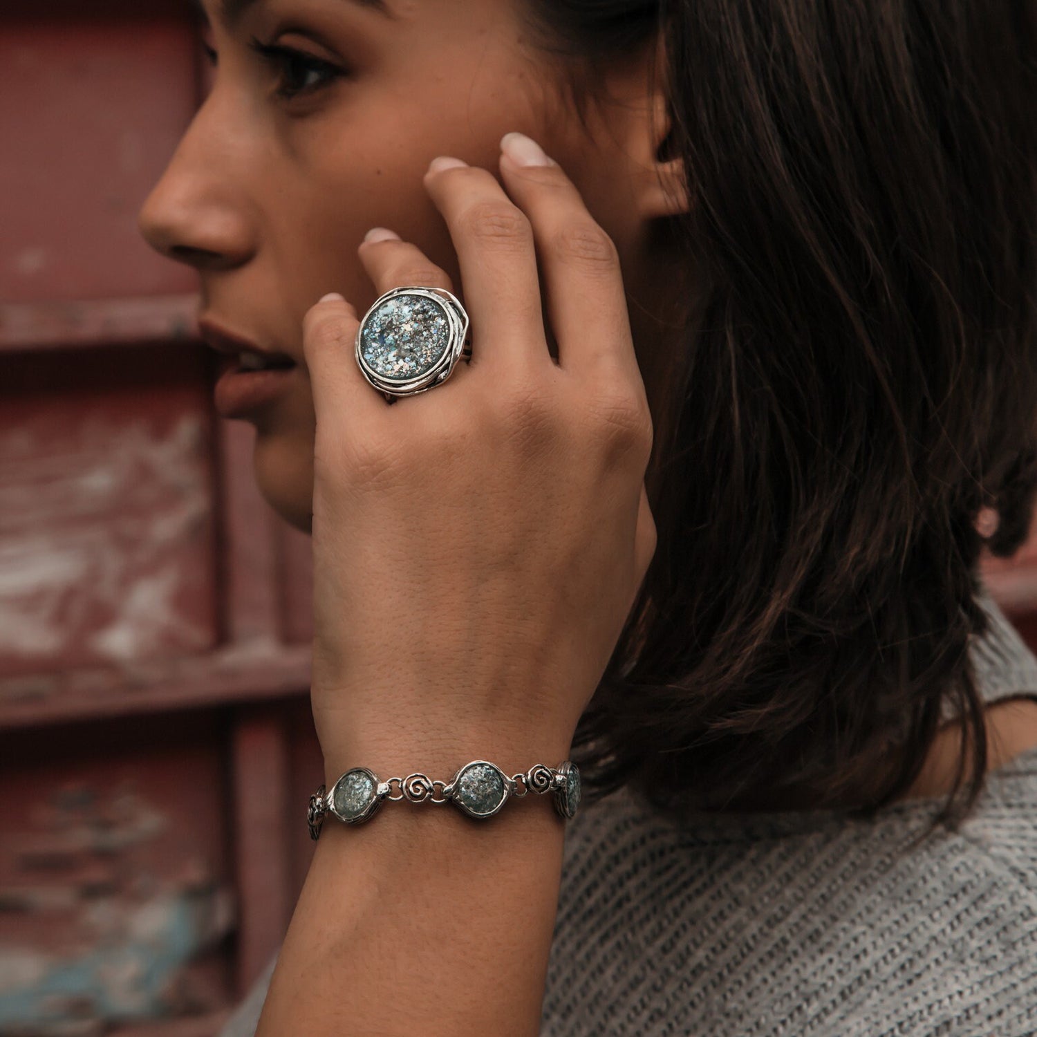 SPIRA Handcrafted Green Roman Glass Silver Statement Ring | Bohemian Gypsy Style