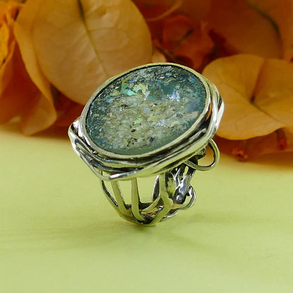 SPIRA Handcrafted Green Roman Glass Silver Statement Ring | Bohemian Gypsy Style