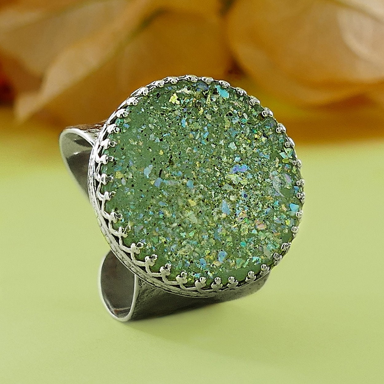 Large Green Roman Glass 925 Sterling Silver Statement Ring