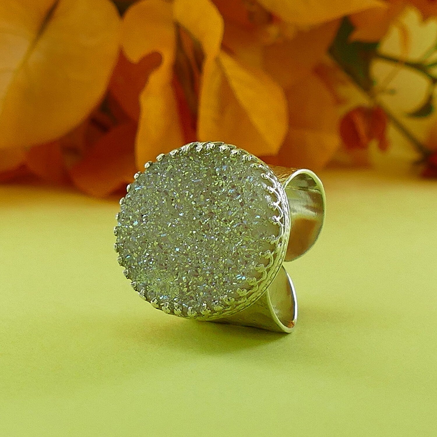 Large Druzy Stone 925 Sterling Silver Statement Ring Adjustable Ring