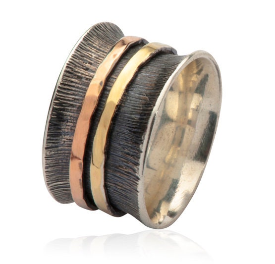 Oxidized Silver Spinner Ring Two Tone Solid 9 karat Yellow and Rose Gold And 925 Sterling Silver Fidget ring