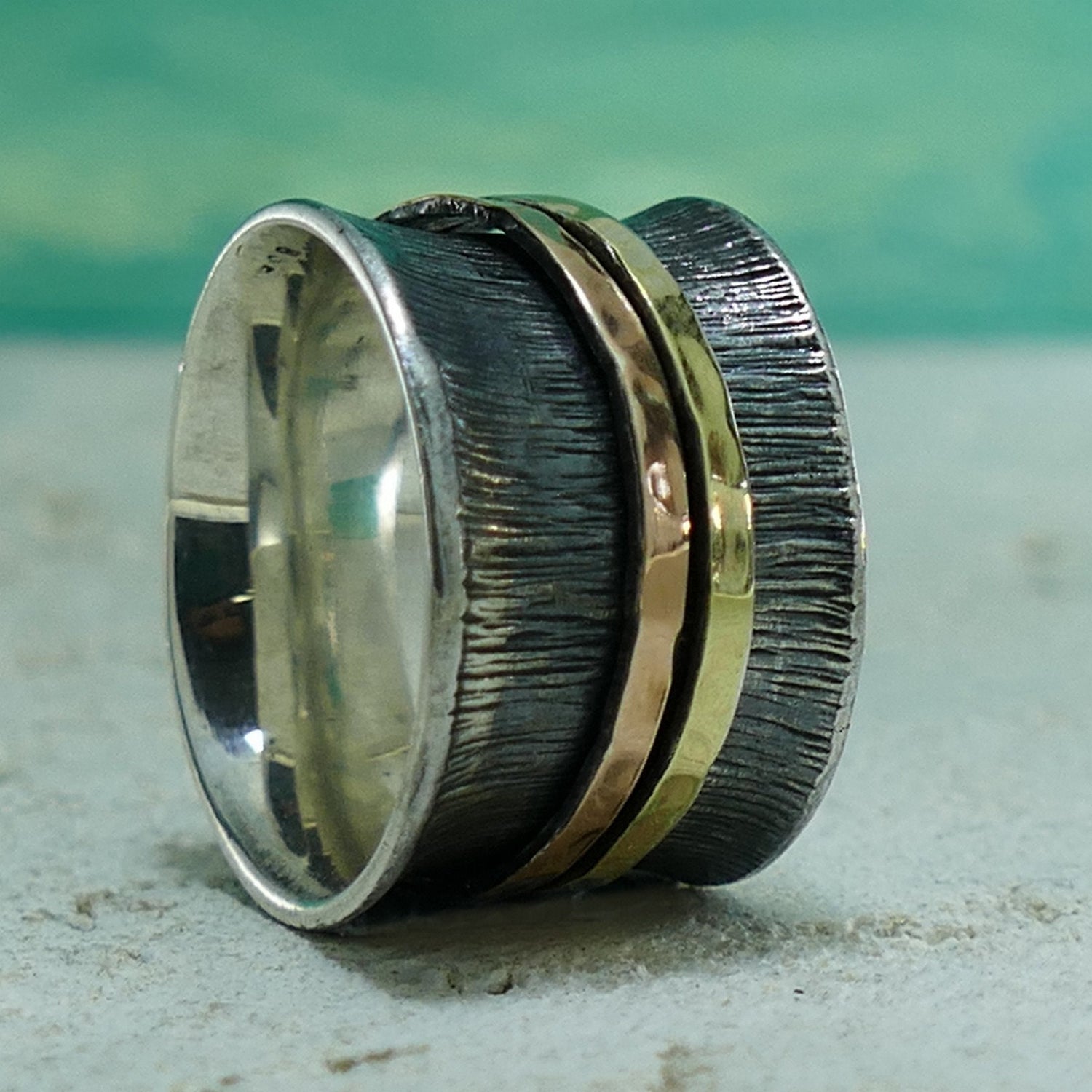 Oxidized Silver Spinner Ring Two Tone Solid 9 karat Yellow and Rose Gold And 925 Sterling Silver Fidget ring