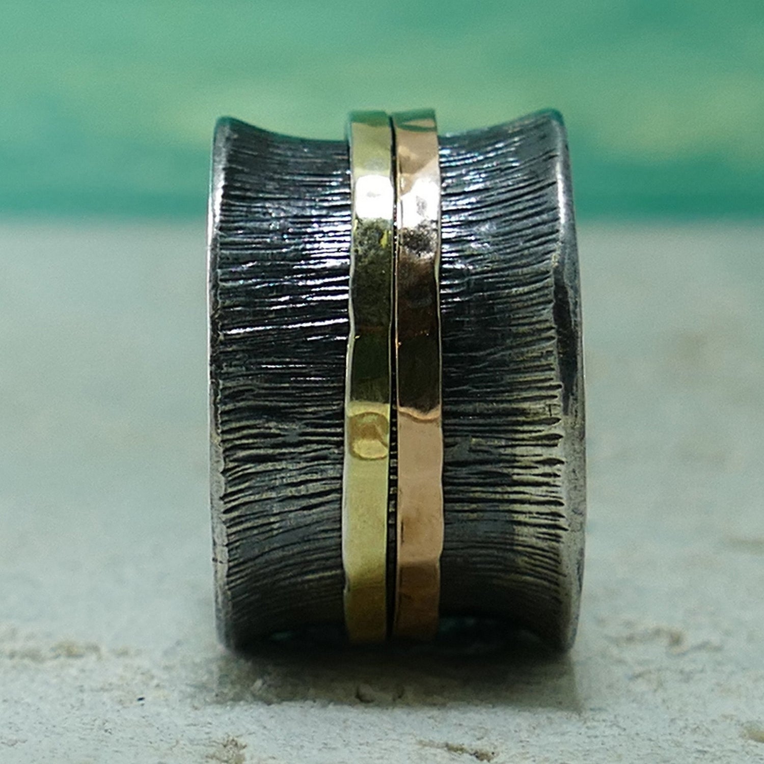 Oxidized Silver Spinner Ring Two Tone Solid 9 karat Yellow and Rose Gold And 925 Sterling Silver Fidget ring