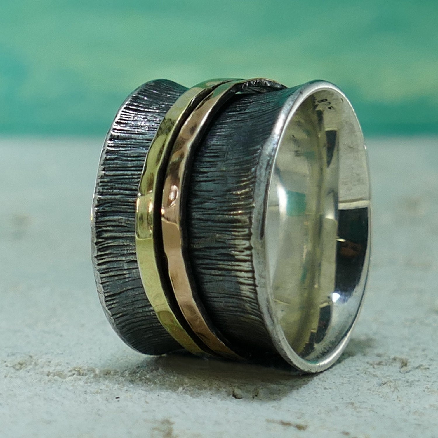 Oxidized Silver Spinner Ring Two Tone Solid 9 karat Yellow and Rose Gold And 925 Sterling Silver Fidget ring