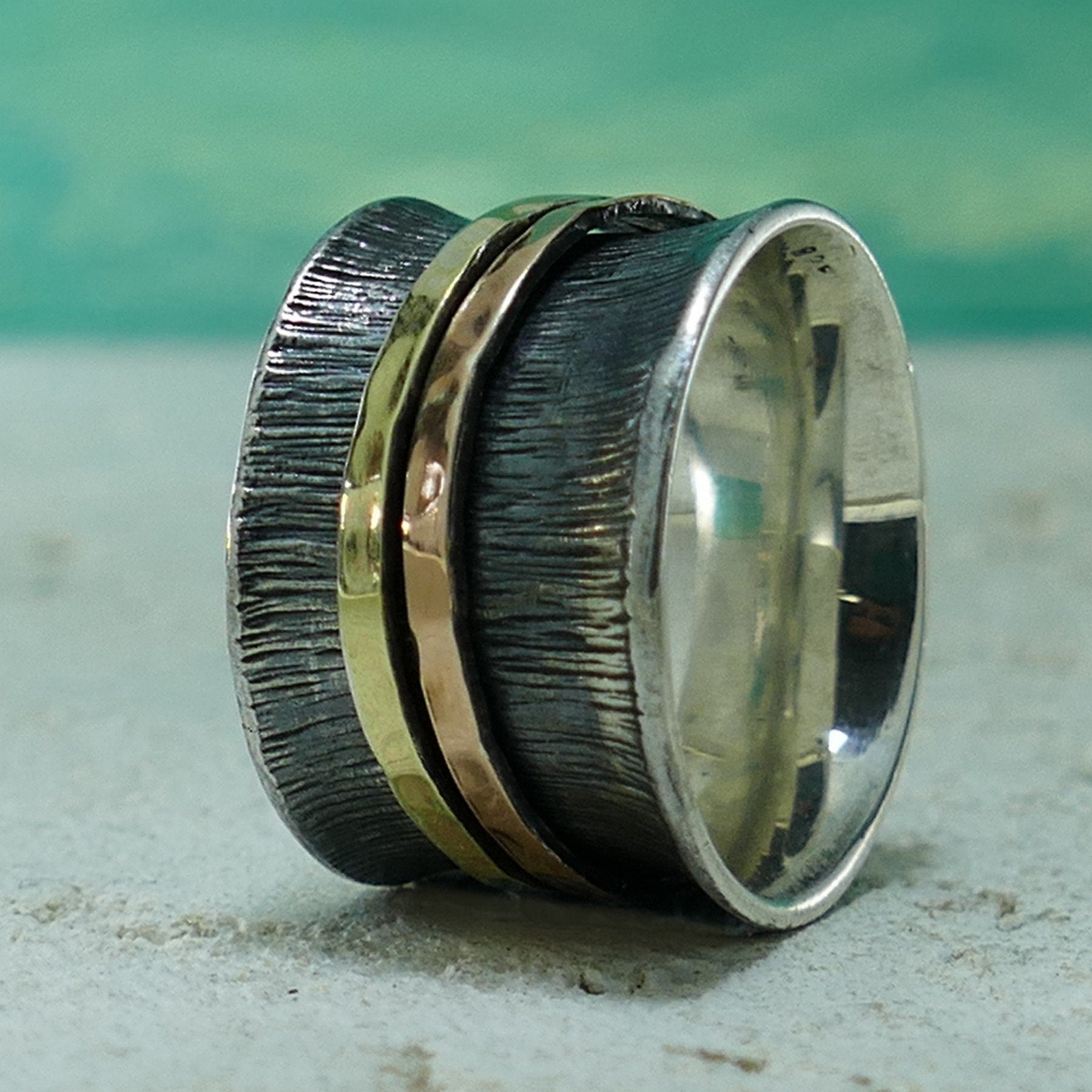 Oxidized Silver Spinner Ring Two Tone Solid 9 karat Yellow and Rose Gold And 925 Sterling Silver Fidget ring