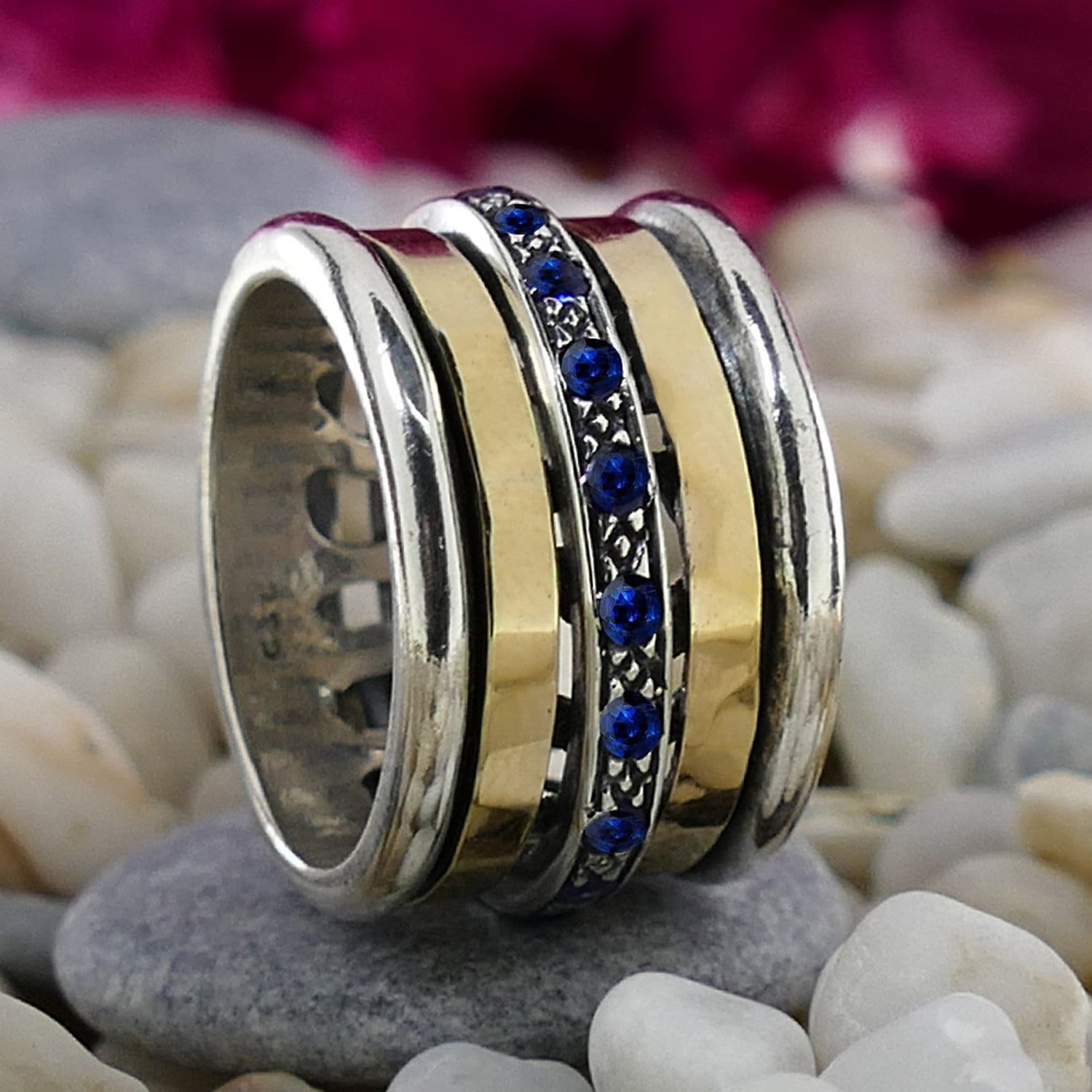 1.6 Carat Natural Blue Sapphire Gemstone Two Tone Solid 9k Yellow Gold&amp;925 Sterling Silver Handmade Spinner Ring Set Setting,Gemstone ring