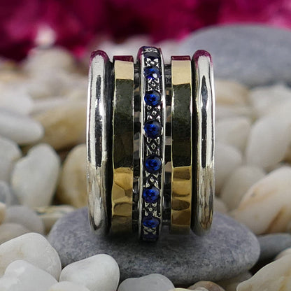 1.6 Carat Natural Blue Sapphire Gemstone Two Tone Solid 9k Yellow Gold&amp;925 Sterling Silver Handmade Spinner Ring Set Setting,Gemstone ring