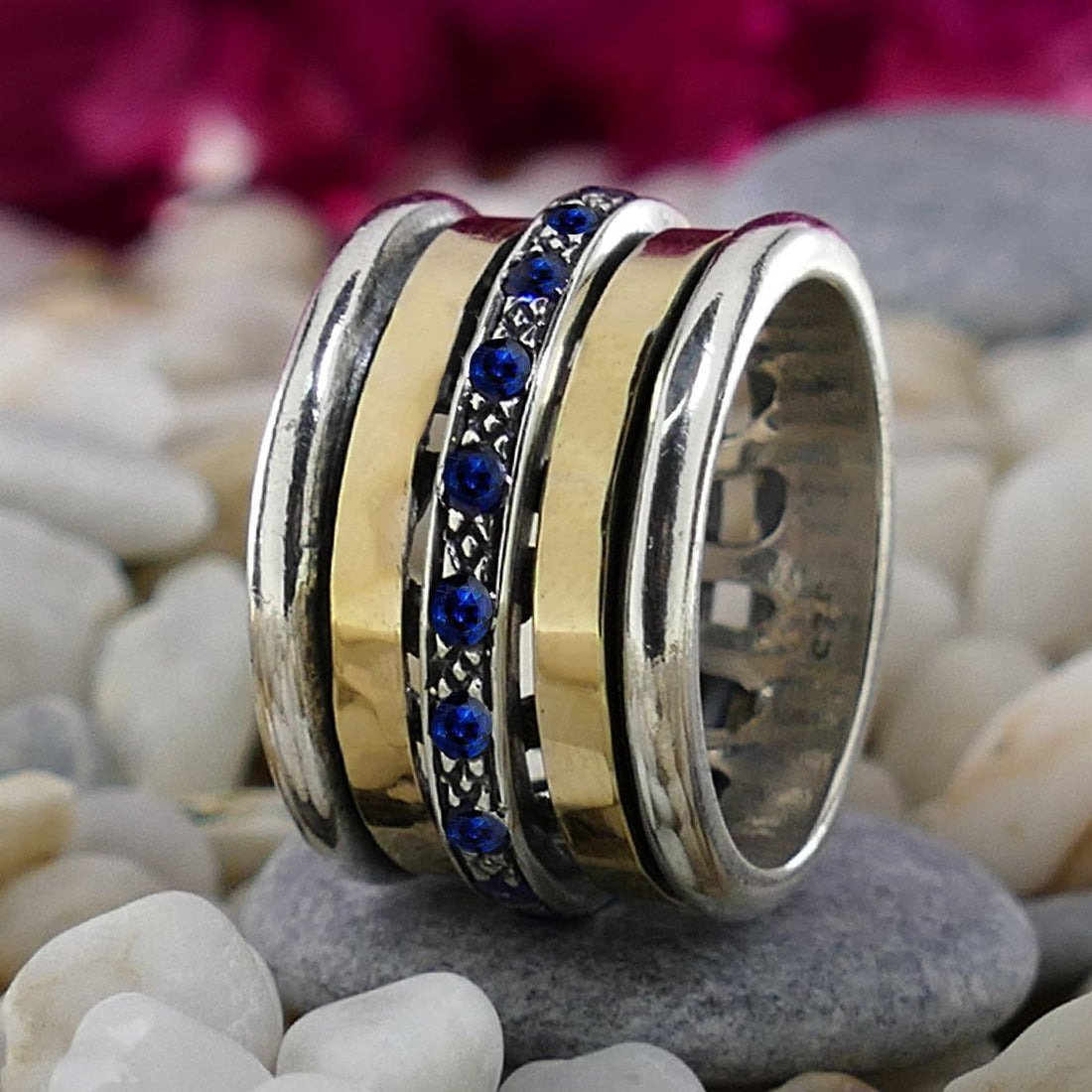 Natural Blue Sapphire Gemstone Two Tone Solid 9k Yellow Gold &amp; 925 Sterling Silver Spinner Ring