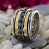 Natural Blue Sapphire Gemstone Two Tone Solid 9k Yellow Gold & 925 Sterling Silver Spinner Ring