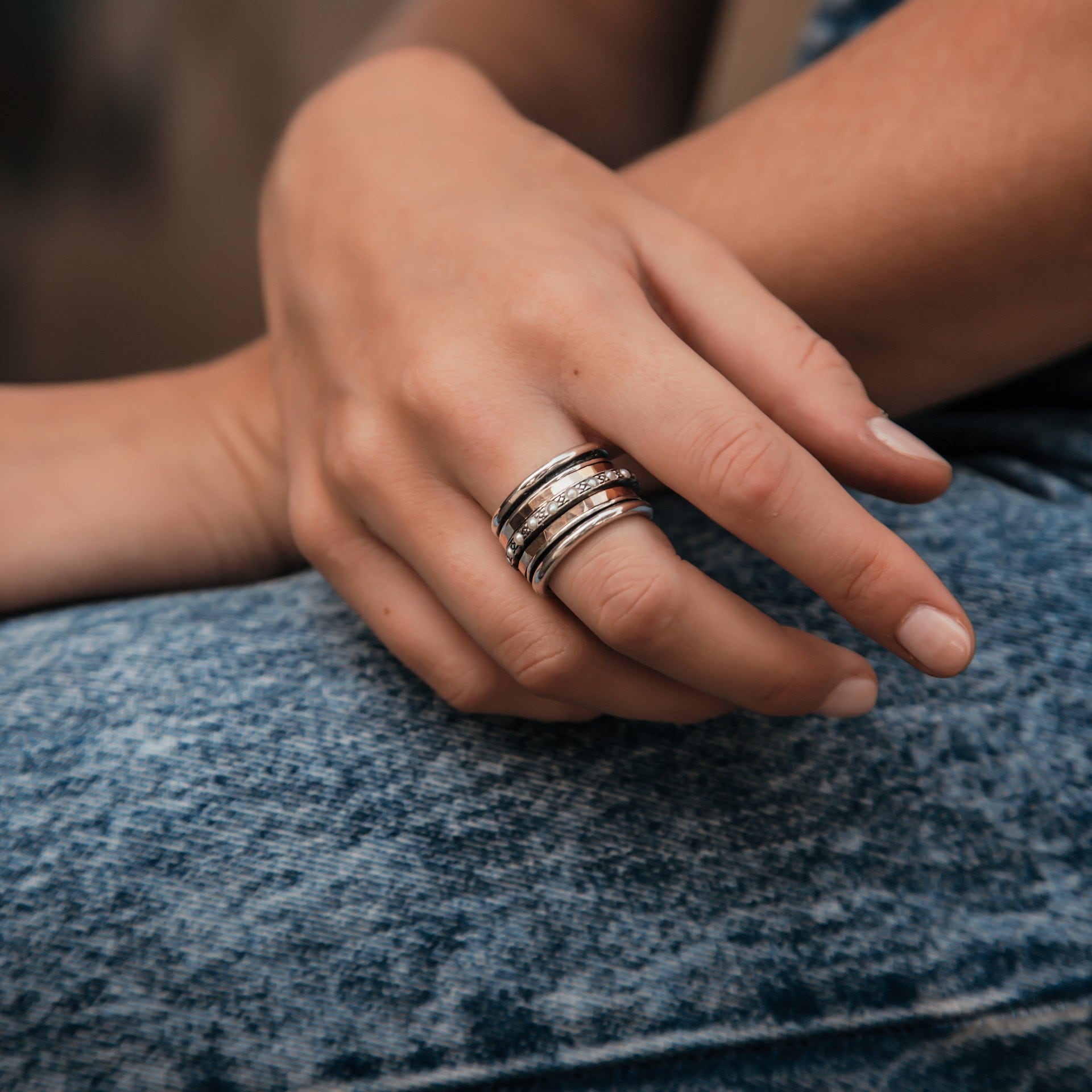 Spinner Ring For Woman, White Pearl Gemstone Mixed Metal Ring, Two Tone Solid 9k Yellow Gold &amp; 925 Sterling Silver Spinner Ring, Fidget ring